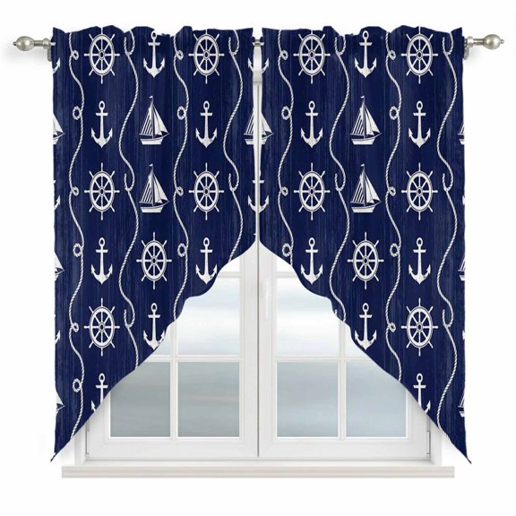 Swag Curtains, Nautical Anchor Sailboat Rod Pocket Window Topper Curtains Valances for Kitchen Bedroom Living Room 2 Panel, Deep Navy Blue Background 36x36in