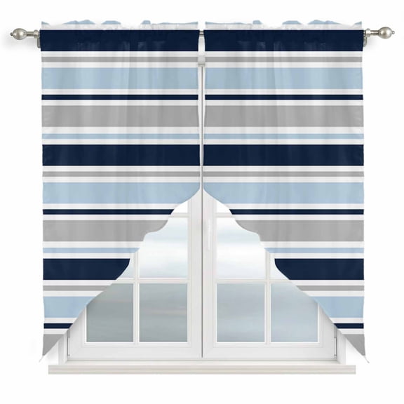Swag Curtains, Navy Blue Gray Geometric Line Rod Pocket Window Topper Curtains Valances for Kitchen Bedroom Living Room 2 Panel, Horizontal Stripes 28x36in
