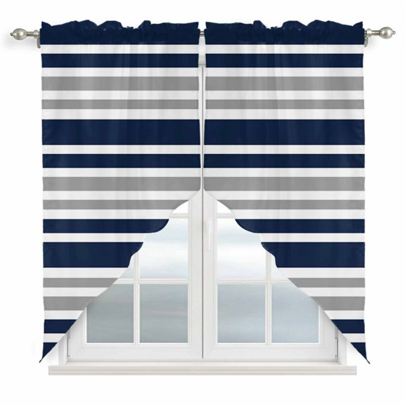 Swag Curtains, Navy Blue Gray Stripe Rod Pocket Window Topper Curtains Valances for Kitchen Bedroom Living Room 2 Panel, Modern Minimalist Style 36x36in