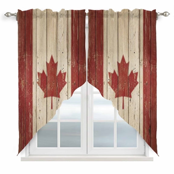 Swag Curtains, Retro Wooden Stripes Maple Leafs Rod Pocket Window Topper Curtains Valances for Kitchen Bedroom Living Room 2 Panel, Country Red Brown Plank 28x36in