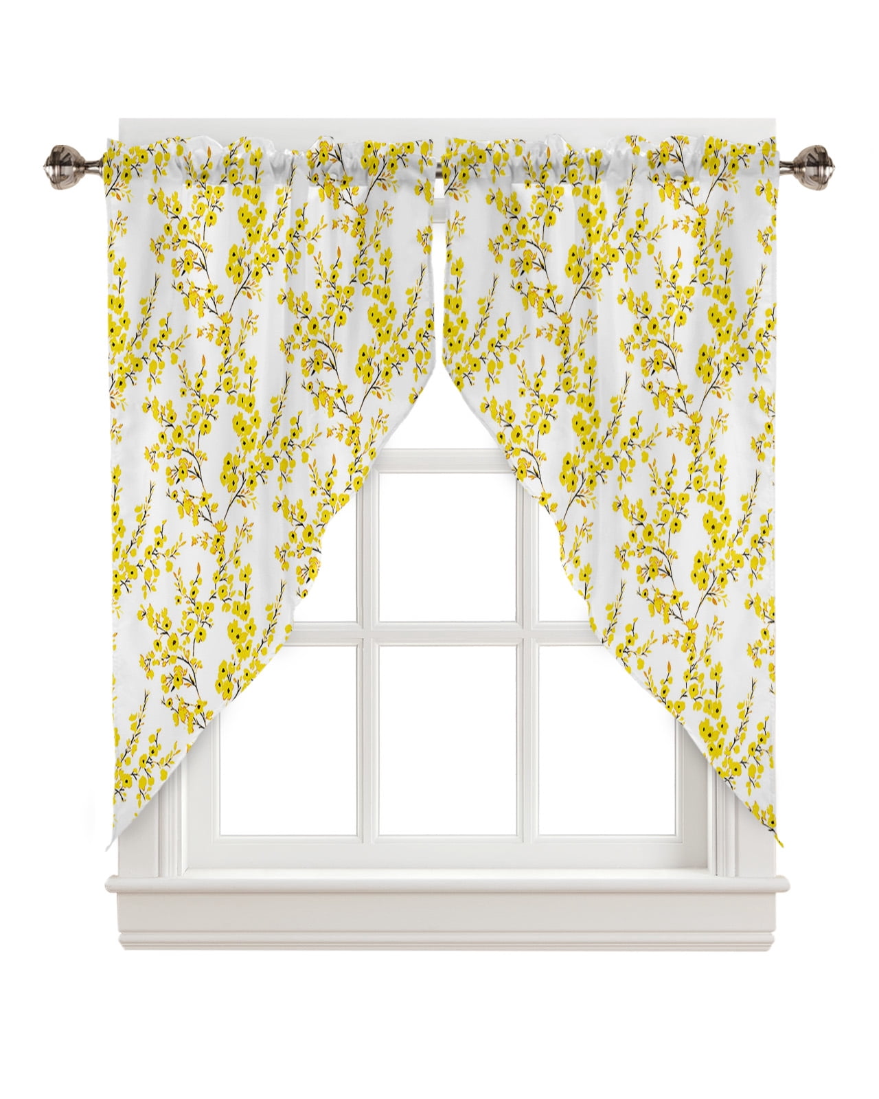 Swag Curtains, Rustic Floral Flowers Leaves Yellow Rod Pocket Kitchen ...