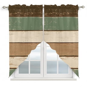 Swag Curtains, Rustic Green Brown Beige Stripes Rod Pocket Window Topper Curtains Valances for Kitchen Bedroom Living Room 2 Panel, Wood Barn 28x36in