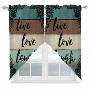 Swag Curtains, Rustic Vintage Wood Board Rod Pocket Window Topper Curtains Valances for Kitchen Bedroom Living Room 2 Panel, Black Flower Wooden 28x36in