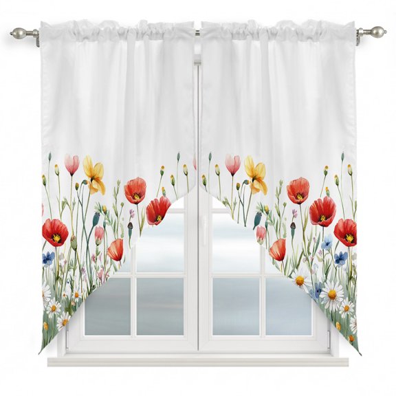 Swag Curtains, Spring Colorful Wild Flowers Rod Pocket Window Topper Curtains Valances for Kitchen Bedroom Living Room 2 Panel, Pastoral Watercolor Daisy Bud 28x36in