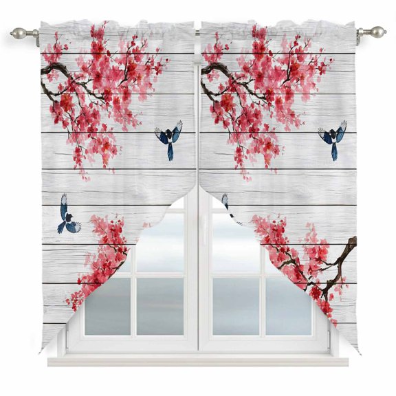 Swag Curtains, Spring Watercolor Flower Plum Blossom Rod Pocket Window Topper Curtains Valances for Kitchen Bedroom Living Room 2 Panel, Bird Farm Wooden Plank 28x36in