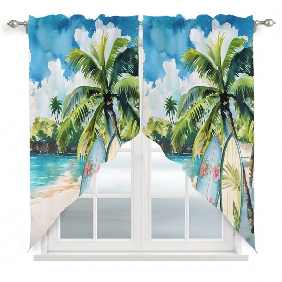 Swag Curtains, Summer Beach Surfing Coconut Tree Rod Pocket Window Topper Curtains Valances for Kitchen Bedroom Living Room 2 Panel, Watercolor Oil Painting Art 28x36in