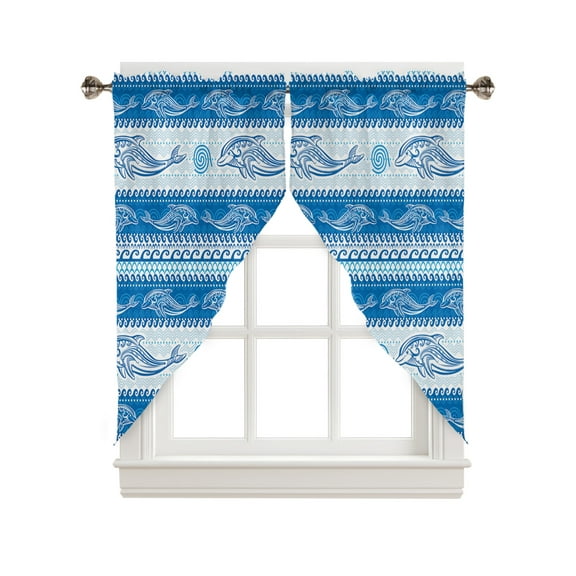 Swag Curtains, Summer Oceans Boho Line Dolphin Wave Light Blue Rod Pocket Kitchen Curtains Valances Tier Curtains Swag Valance Curtains for Bedroom Living Room 28" x 36", 2 Panels