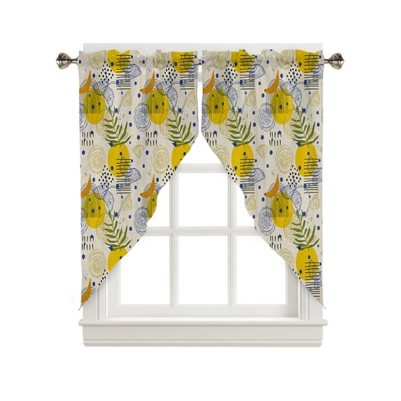 Swag Curtains, Summer Watercolor Lemon Banana Line Cotton Hemp Beige Rod Pocket Kitchen Curtains Valances Tier Curtains Swag Valance Curtains for Bedroom Living Room 28" x 36", 2 Panels
