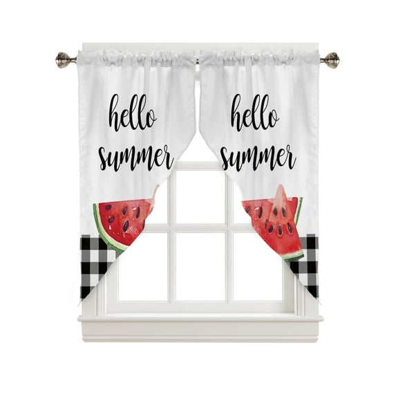 Swag Curtains, Summer Watermelon Fruit Black and White Buffalo Plaid Rod Pocket Kitchen Curtains Valances Tier Curtains Swag Valance Curtains for Bedroom Living Room 28" x 36", 2 Panels