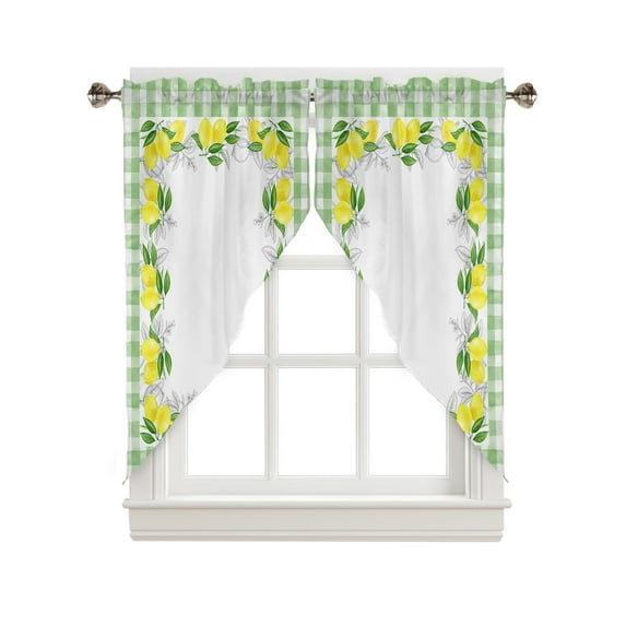 Swag Curtains, Summer Yellow Farmhouse Lemon Green Buffalo Plaid Rod Pocket Kitchen Curtains Valances Tier Curtains Swag Valance Curtains for Bedroom Living Room 36" x 63", 2 Panels