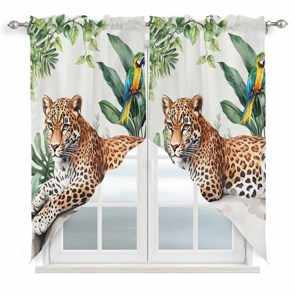 Swag Curtains, Tiger Turtle Leaf Tropical Plant Rod Pocket Window Topper Curtains Valances for Kitchen Bedroom Living Room 2 Panel, Animal Leopard Print 28x36in