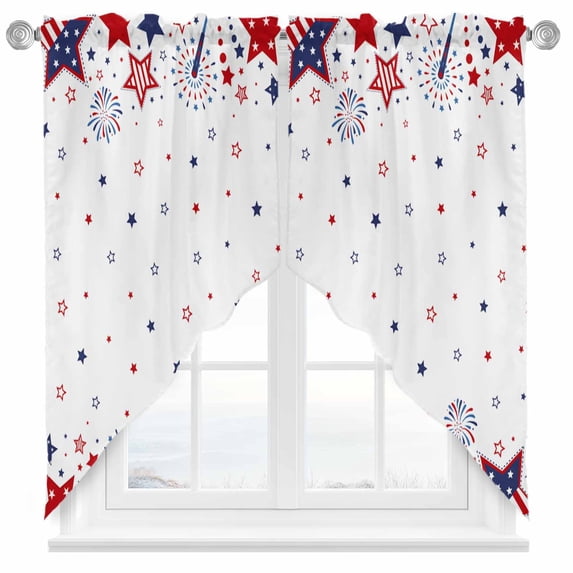 Swag Curtains Valances for Windows, 4th of July Short Kitchen Window Curtains Over Sink, Patriotic Red Blue Stars Fireworks Cafe Curtains Panel Set Of 2,Rod Pocket, 36 Inches Length White