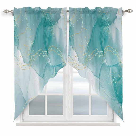 Swag Curtains Valances for Windows, Abstract Coastal Short Kitchen Window Curtains Over Sink, Blue Green Gold Lines Cafe Curtains Panel Set Of 2,Rod Pocket, 63 Inches Length