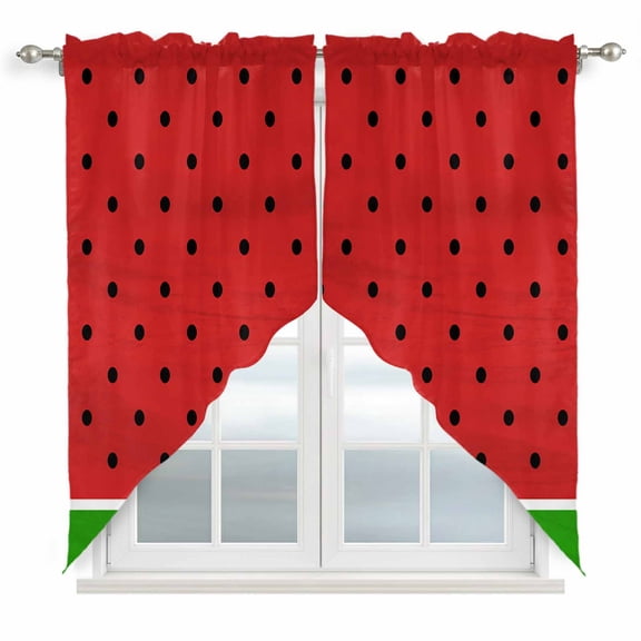 Swag Curtains Valances for Windows, Abstract Summer Short Kitchen Window Curtains Over Sink, Watermelon Polka Dot Cafe Curtains Panel Set Of 2,Rod Pocket, 36 Inches Length Green Red
