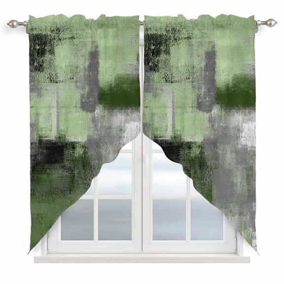 Swag Curtains Valances for Windows, Abstract Vintage Oil Painting Short Kitchen Window Curtains Over Sink, Sage Green Gray Cafe Curtains Panel Set Of 2,Rod Pocket, 36 Inches Length
