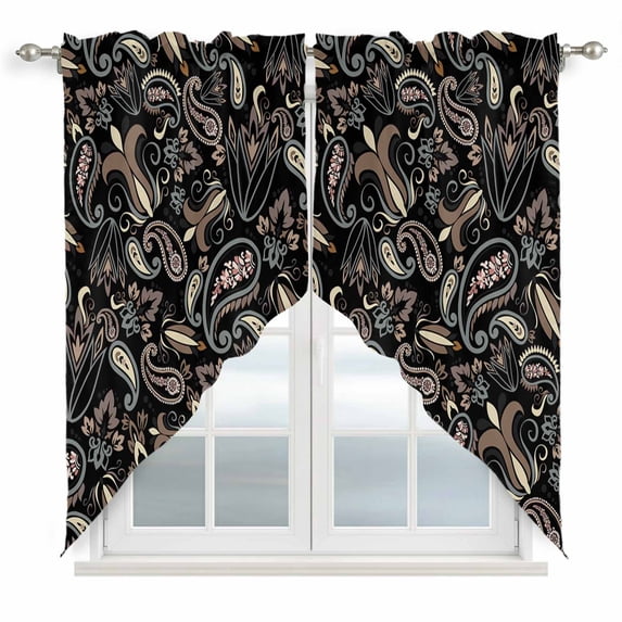 Swag Curtains Valances for Windows, Abstract Vintage Paisley Short Kitchen Window Curtains Over Sink, Boho Floral Texture Cafe Curtains Panel Set Of 2,Rod Pocket, 36 Inches Length Black Brown