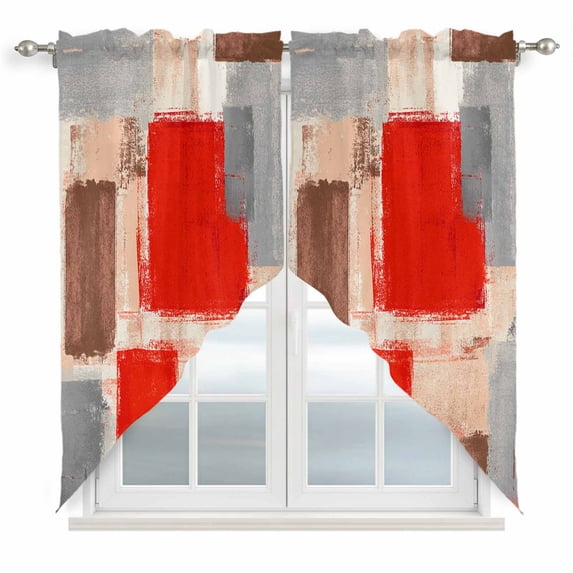 Swag Curtains Valances for Windows, Abstract Vintage Short Kitchen Window Curtains Over Sink, Art Oil Painting Texture Cafe Curtains Panel Set Of 2,Rod Pocket, 36 Inches Length Red Brown Gray