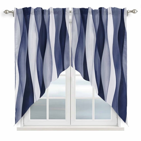 Swag Curtains Valances for Windows, Abstract Wave Pattern Texture Short Kitchen Window Curtains Over Sink, Navy Blue Cafe Curtains Panel Set Of 2,Rod Pocket, 36 Inches Length