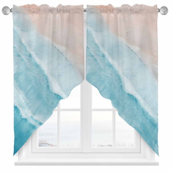 Swag Curtains Valances for Windows, Aqua Blue Coastal Beach Short Kitchen Window Curtains Over Sink, Ocean Sea Water Cafe Curtains Panel Set Of 2,Rod Pocket, 45 Inches Length