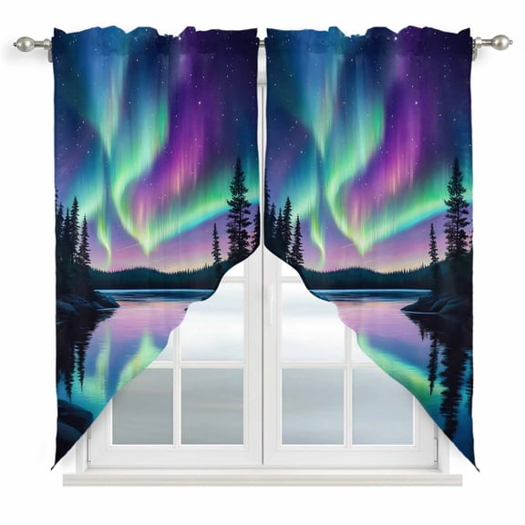 Swag Curtains Valances for Windows, Aurora Night Sky Short Kitchen Window Curtains Over Sink, Nature Scenery Cafe Curtains Panel Set Of 2,Rod Pocket, 63 Inches Length