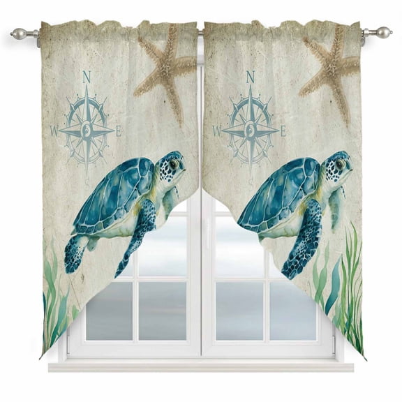 Swag Curtains Valances for Windows, Beach Coastal Theme Short Kitchen Window Curtains Over Sink, Vintage Sea Turtle Cafe Curtains Panel Set Of 2,Rod Pocket, 36 Inches Length