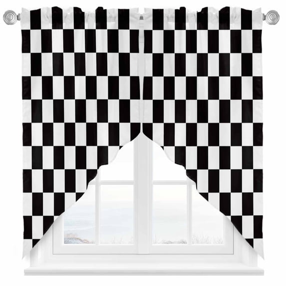Swag Curtains Valances for Windows, Black And White Checkered Plaid Short Kitchen Window Curtains Over Sink, Classic Geometric Pattern Cafe Curtains Panel Set Of 2,Rod Pocket, 36 Inches Length