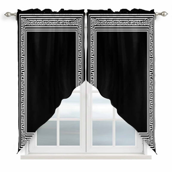 Swag Curtains Valances for Windows, Black White Greek Key Pattern Short Kitchen Window Curtains Over Sink, Geometric Modern Cafe Curtains Panel Set Of 2,Rod Pocket, 36 Inches Length
