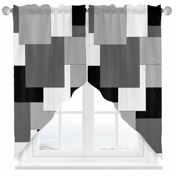 Swag Curtains Valances for Windows, Black White Grey Color Block Short Kitchen Window Curtains Over Sink, Abstract Modern Geometric Cafe Curtains Panel Set Of 2,Rod Pocket, 36 Inches Length