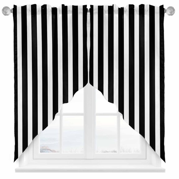 Swag Curtains Valances for Windows, Black And White Striped Pattern Short Kitchen Window Curtains Over Sink, Minimalist Modern Pattern Cafe Curtains Panel Set Of 2,Rod Pocket, 36 Inches Length