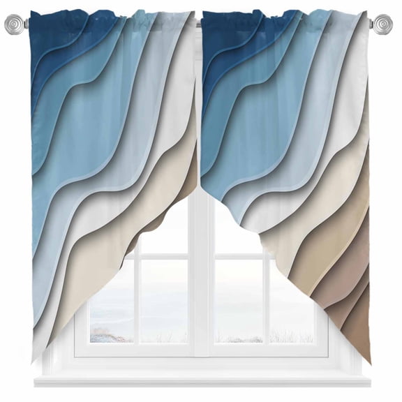 Swag Curtains Valances for Windows, Blue Brown Beach Coastal Short Kitchen Window Curtains Over Sink, Abstract Geometric Ocean Waves Cafe Curtains Panel Set Of 2,Rod Pocket, 36 Inches Length
