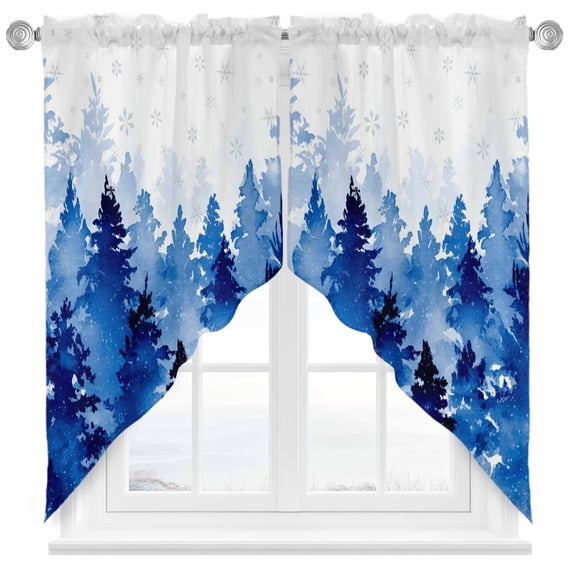 Swag Curtains Valances for Windows, Blue Christmas Tree Short Kitchen Window Curtains Over Sink, Winter Retro Silver Snowflake Cafe Curtains Panel Set Of 2,Rod Pocket, 36 Inches Length