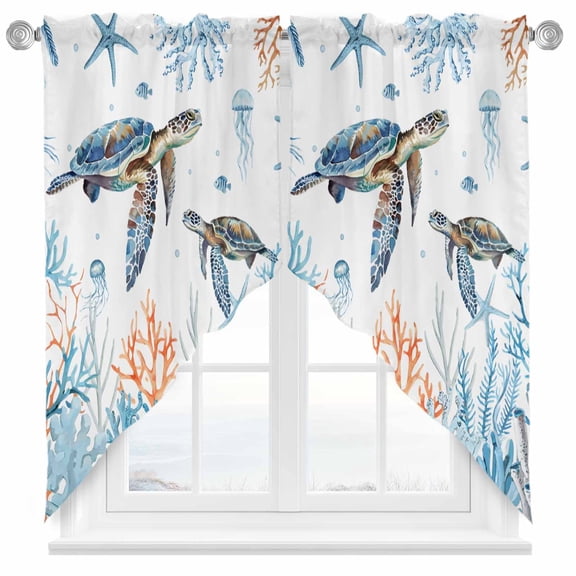 Swag Curtains Valances for Windows, Blue Coastal Ocean Short Kitchen Window Curtains Over Sink, Sea Turtle Starfish Coral Cafe Curtains Panel Set Of 2,Rod Pocket, 36 Inches Length White