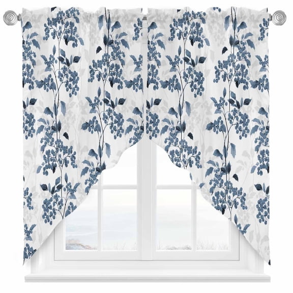 Swag Curtains Valances for Windows, Blue Floral Short Kitchen Window Curtains Over Sink, Vintage Abstract Botanical Pattern Cafe Curtains Panel Set Of 2,Rod Pocket, 45 Inches Length