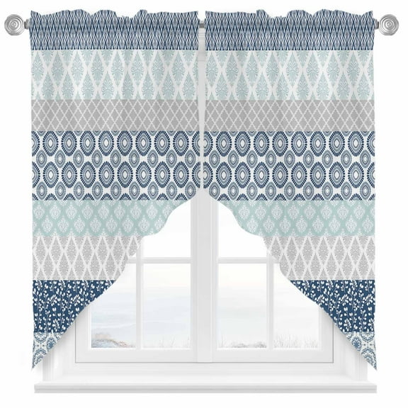 Swag Curtains Valances for Windows, Blue Grey Boho Short Kitchen Window Curtains Over Sink, Bohemian Geometric Pattern Cafe Curtains Panel Set Of 2,Rod Pocket, 45 Inches Length
