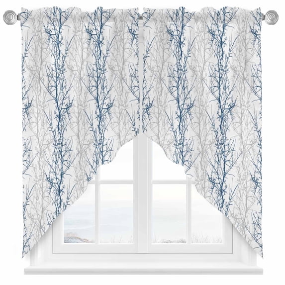 Swag Curtains Valances for Windows, Blue Grey Minimalist Tree Short Kitchen Window Curtains Over Sink, Vintage Branch Cafe Curtains Panel Set Of 2,Rod Pocket, 36 Inches Length