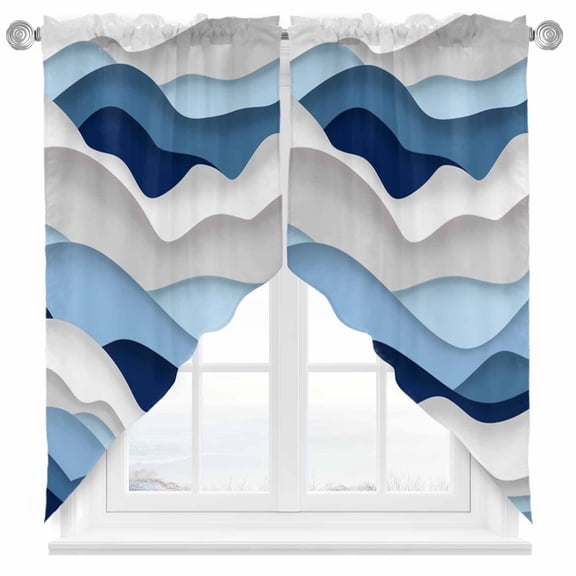 Swag Curtains Valances for Windows, Blue Navy Grey Gradient Waves Short Kitchen Window Curtains Over Sink, Abstract Lines Cafe Curtains Panel Set Of 2,Rod Pocket, 36 Inches Length