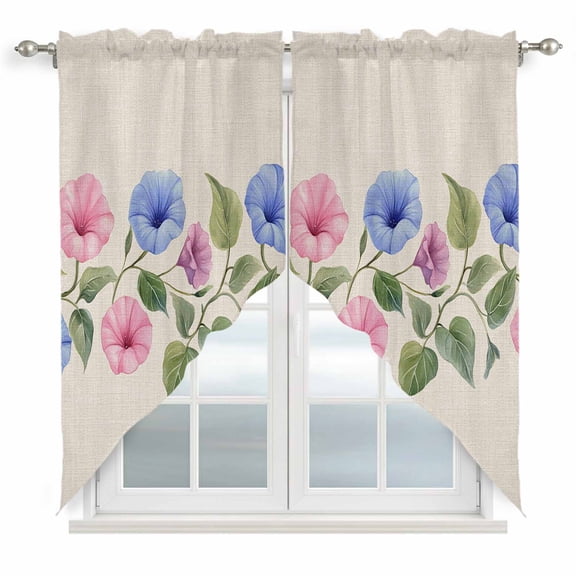 Swag Curtains Valances for Windows, Blue Pink Flowers Short Kitchen Window Curtains Over Sink, Rustic Beige Cafe Curtains Panel Set Of 2,Rod Pocket, 45 Inches Length