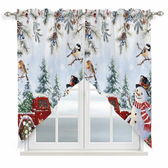 Swag Curtains Valances for Windows, Blue Snowmen Short Kitchen Window Curtains Over Sink, Red Christmas Truck Winter Birds on Branches Cafe Curtains Panel Set Of 2,Rod Pocket, 36 Inches Length
