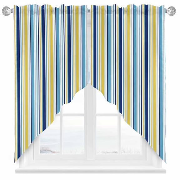 Swag Curtains Valances for Windows, Blue Yellow Stripe Short Kitchen Window Curtains Over Sink, Abstract Minimalist Geometric Cafe Curtains Panel Set Of 2,Rod Pocket, 36 Inches Length