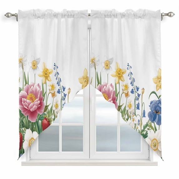 Swag Curtains Valances for Windows, Boho Floral Print Short Kitchen Window Curtains Over Sink, Peony Strawberry Cafe Curtains Panel Set Of 2,Rod Pocket, 36 Inches Length