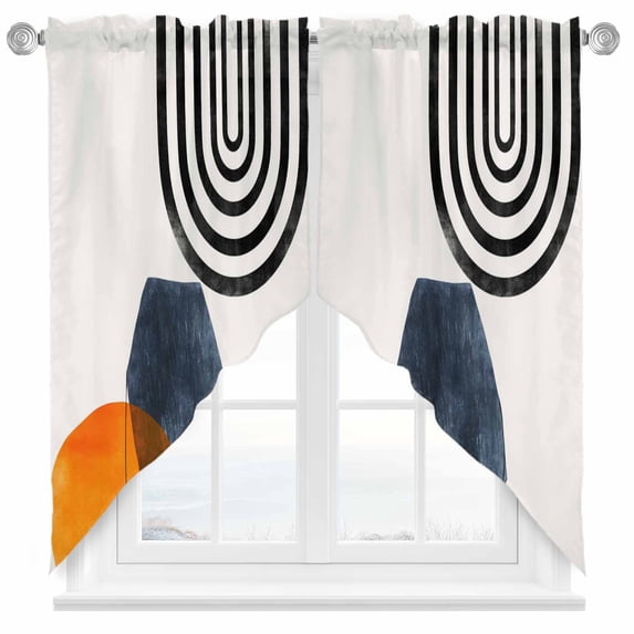 Swag Curtains Valances for Windows, Boho Mid Century Modern Short Kitchen Window Curtains Over Sink, Orange Navy Blue Beige Cafe Curtains Panel Set Of 2,Rod Pocket, 36 Inches Length