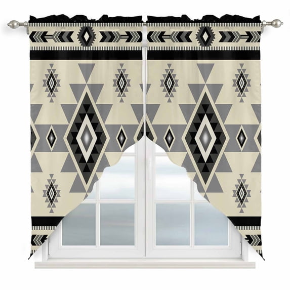 Swag Curtains Valances for Windows, Boho Southwest Short Kitchen Window Curtains Over Sink, Aztec Tribal Retro Geometric Patterns Cafe Curtains Panel Set Of 2,Rod Pocket, 45 Inches Length Gray