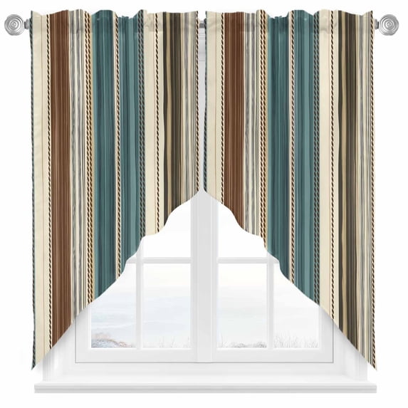 Swag Curtains Valances for Windows, Boho Vintage Striped Short Kitchen Window Curtains Over Sink, Teal Brown Beige Cafe Curtains Panel Set Of 2,Rod Pocket, 36 Inches Length