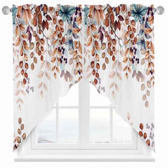 Swag Curtains Valances for Windows, Brown Fall Eucalyptus Leaf Short Kitchen Window Curtains Over Sink, Teal Botanical Floral Cafe Curtains Panel Set Of 2,Rod Pocket, 36 Inches Length White