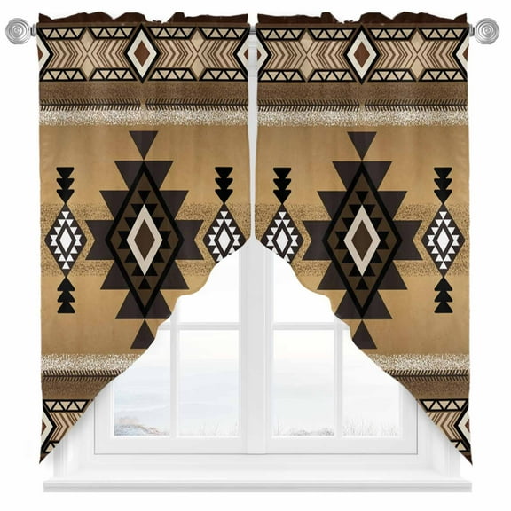 Swag Curtains Valances for Windows, Brown Southwest Tribal Pattern Short Kitchen Window Curtains Over Sink, Boho Retro Ethnic Style Cafe Curtains Panel Set Of 2,Rod Pocket, 36 Inches Length