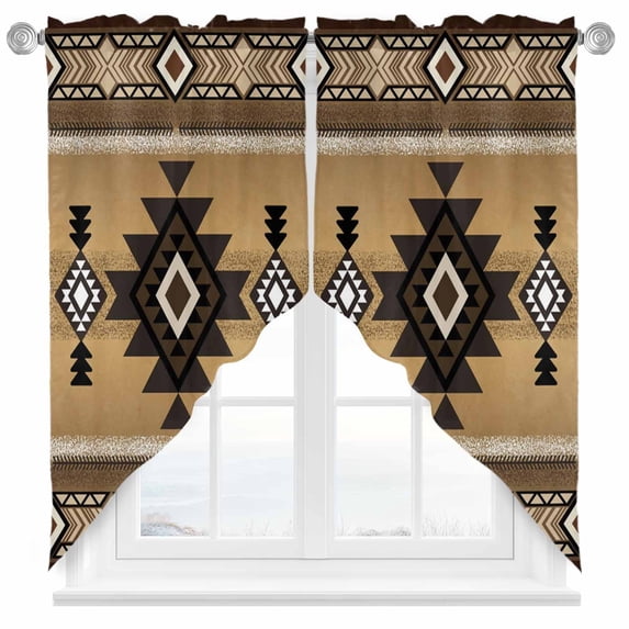 Swag Curtains Valances for Windows, Brown Southwest Tribal Pattern Short Kitchen Window Curtains Over Sink, Boho Retro Ethnic Style Cafe Curtains Panel Set Of 2,Rod Pocket, 63 Inches Length