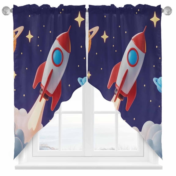 Swag Curtains Valances for Windows, Cartoon Navy Blue Space Short Kitchen Window Curtains Over Sink, Red 3D Rocket Cafe Curtains Panel Set Of 2,Rod Pocket, 36 Inches Length Yellow Stars
