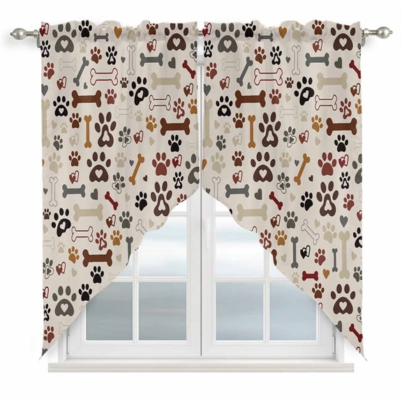 Swag Curtains Valances for Windows, Cat Dog Paw Print Short Kitchen Window Curtains Over Sink, Retro Brown Bones Cafe Curtains Panel Set Of 2,Rod Pocket, 36 Inches Length