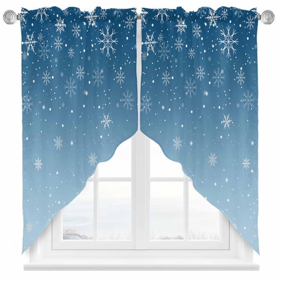 Swag Curtains Valances for Windows, Christmas White Snowflakes Short Kitchen Window Curtains Over Sink, Winter Blue Gradient Cafe Curtains Panel Set Of 2,Rod Pocket, 45 Inches Length