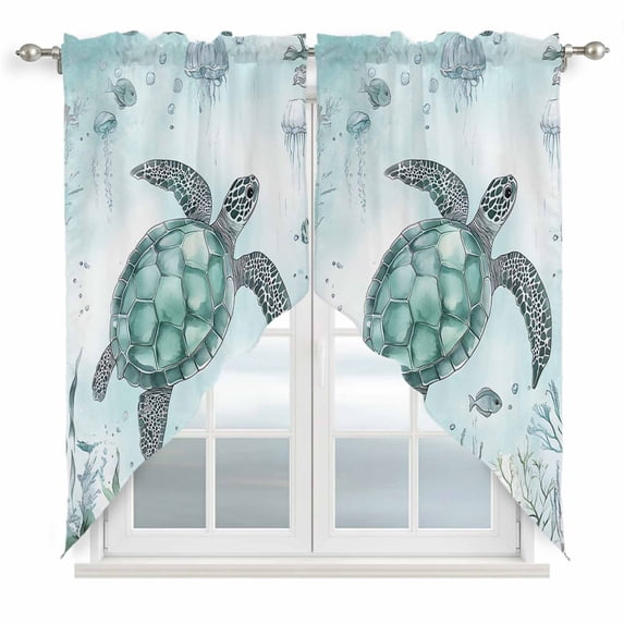 Swag Curtains Valances for Windows, Coastal Nautical Short Kitchen Window Curtains Over Sink, Ocean Turtle Coral Jellyfish Cafe Curtains Panel Set Of 2,Rod Pocket, 63 Inches Length Cyan